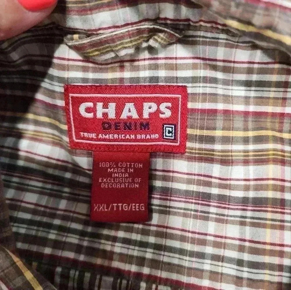Chaps Shirt Men's 2XL XXL Yellow Red Brown Plaid Long Sleeve Button Down - Picture 4 of 6